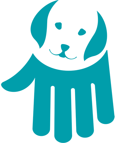An open hand in blue green. The five fingers, pointing downwards, represent legs and tail of a dog, in the palm of the hand an abstract smiling face of a Labrador.
